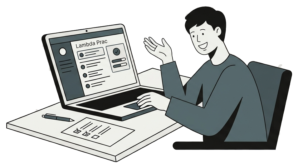 A candidate answering confidently into a laptop showing Lambda Prac, with a checklist on the desk